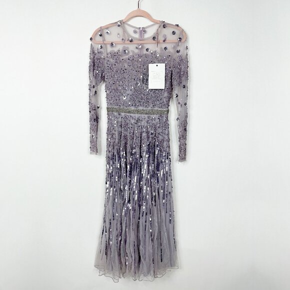 NWT Mac Duggal Illusion High Neck Long-Sleeve Tea Length Dress Lilac #9857 - Picture 3 of 8